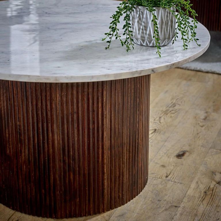 Opal Fluted Coffee Table - Round - Small - White Marble Top - Mango Wood