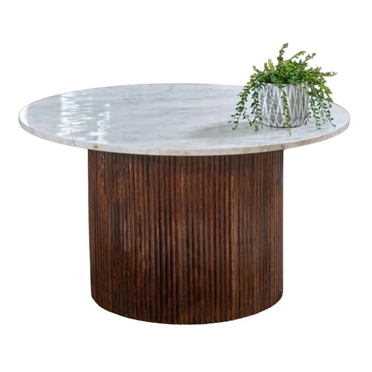 Opal Fluted Coffee Table - Round - Small - White Marble Top - Mango Wood