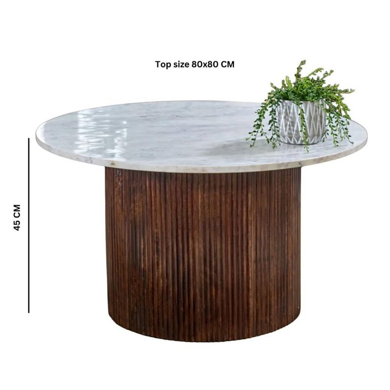 Opal Fluted Coffee Table - Round - Small - White Marble Top - Mango Wood