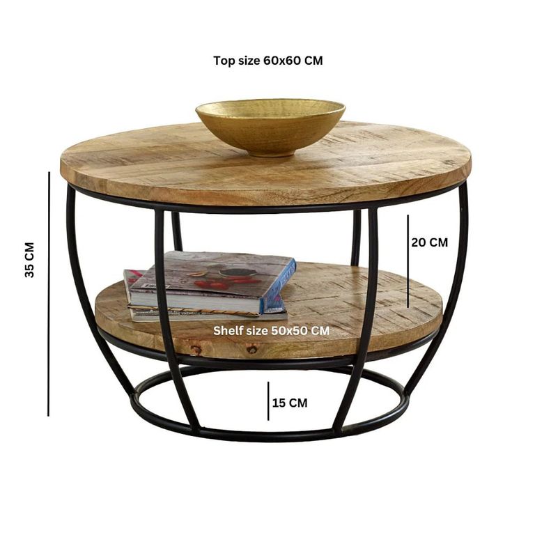 Surrey Coffee Table - Round - with Shelf - Solid Mango Wood