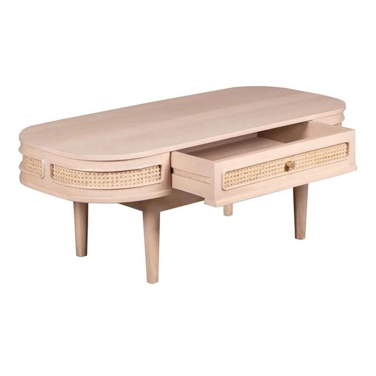 Valencia Coffee Table - 1 Drawer - Curved - Natural Rattan and Mango Wood