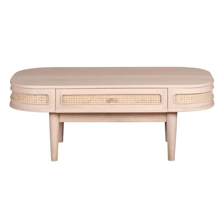 Valencia Coffee Table - 1 Drawer - Curved - Natural Rattan and Mango Wood