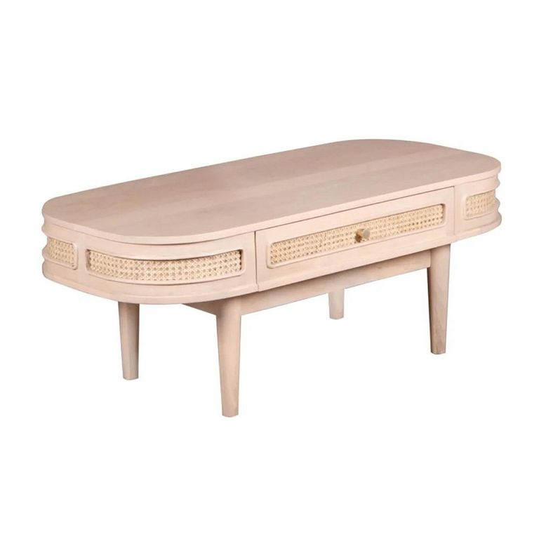 Valencia Coffee Table - 1 Drawer - Curved - Natural Rattan and Mango Wood