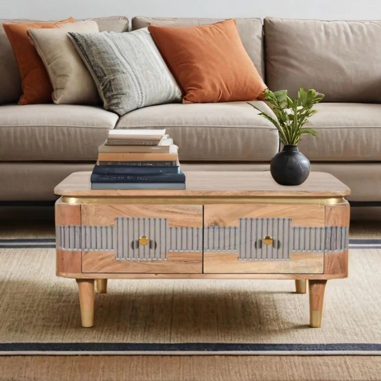 Wilton Coffee Table - 2 Drawer - Ribbed - Gold Trim - Acacia Wood