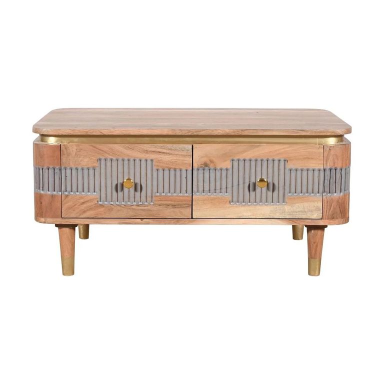 Wilton Coffee Table - 2 Drawer - Ribbed - Gold Trim - Acacia Wood