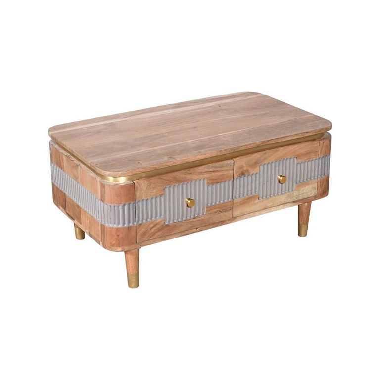 Wilton Coffee Table - 2 Drawer - Ribbed - Gold Trim - Acacia Wood