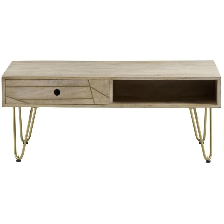 Coffee Table - 2 Drawer - Hairpin Legs - Gold Geometric Inlay - Light Mango Wood