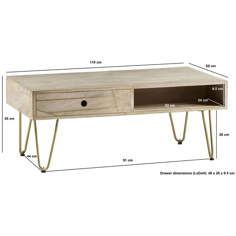 Coffee Table - 2 Drawer - Hairpin Legs - Gold Geometric Inlay - Light Mango Wood