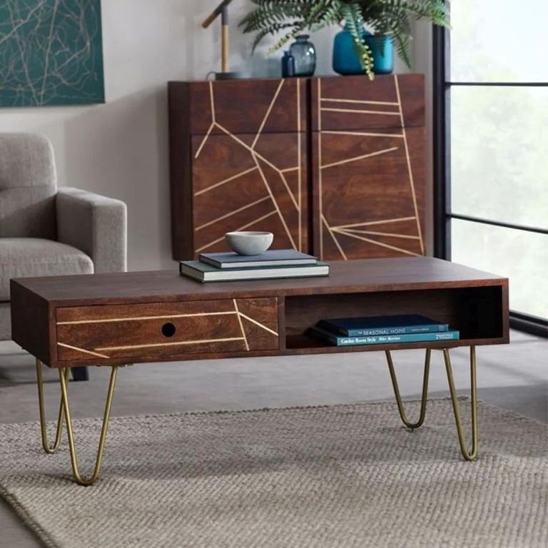 Coffee Table - 2 Drawer - Hairpin Legs - Gold Geometric Inlay - Dark Mango Wood