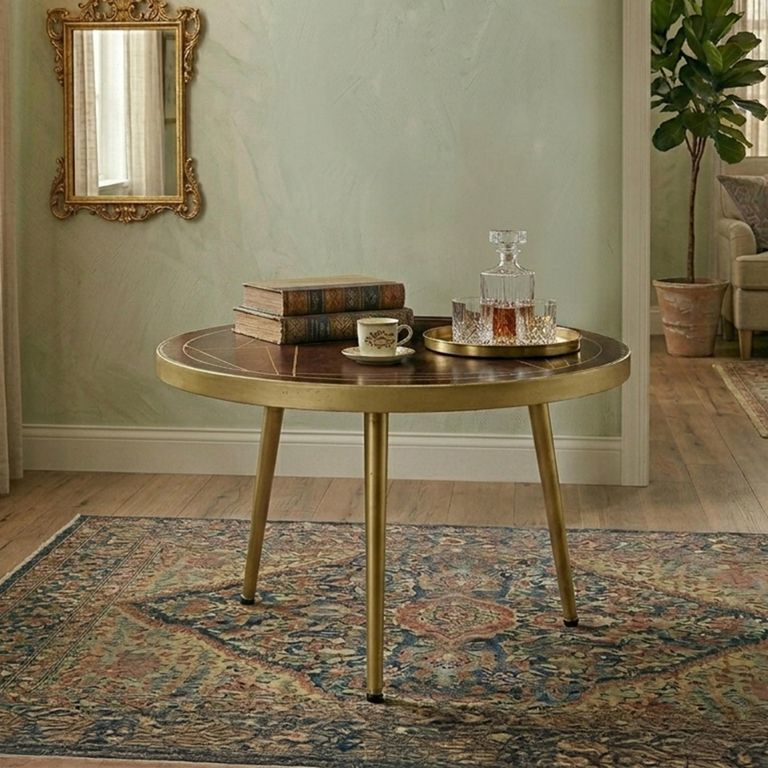 Coffee Table - Round - Gold Geometric Inlay - Dark Mango Wood