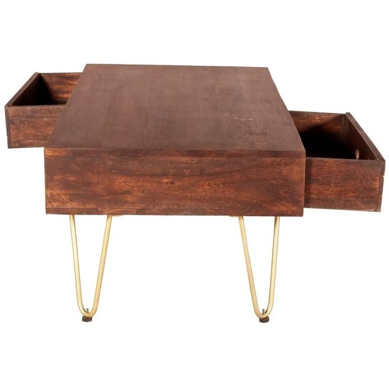 Coffee Table - 2 Drawer - Hairpin Legs - Gold Geometric Inlay - Dark Mango Wood