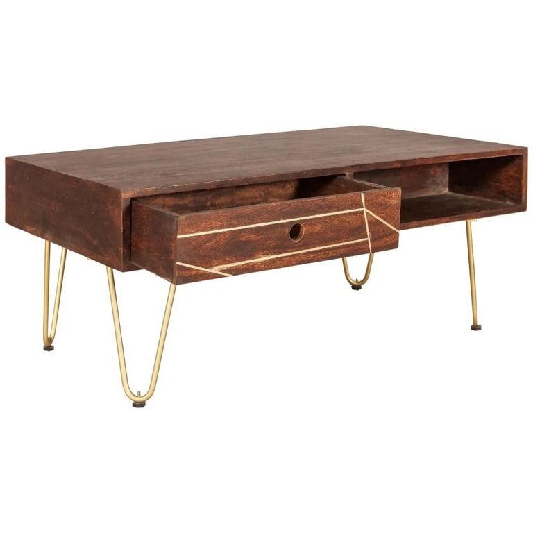Coffee Table - 2 Drawer - Hairpin Legs - Gold Geometric Inlay - Dark Mango Wood