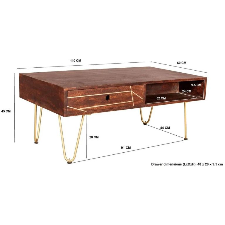 Coffee Table - 2 Drawer - Hairpin Legs - Gold Geometric Inlay - Dark Mango Wood