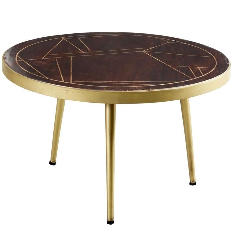 Coffee Table - Round - Gold Geometric Inlay - Dark Mango Wood