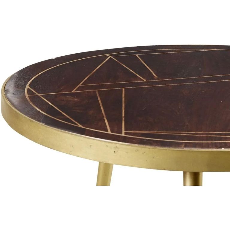 Coffee Table - Round - Gold Geometric Inlay - Dark Mango Wood