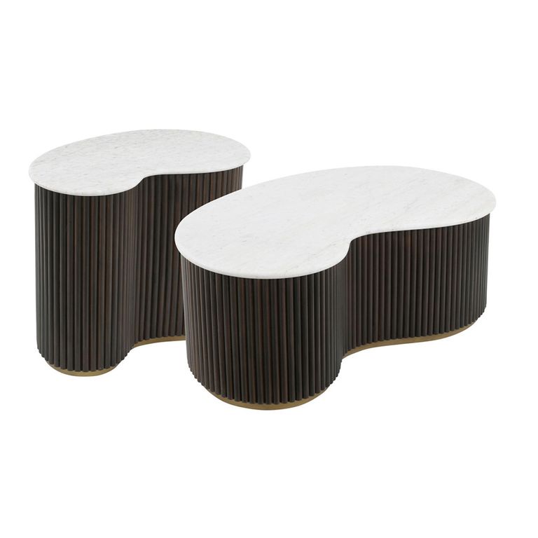 Mayfield White Marble Top 2 Tier Coffee Tables - Dark Wood Fluted Base