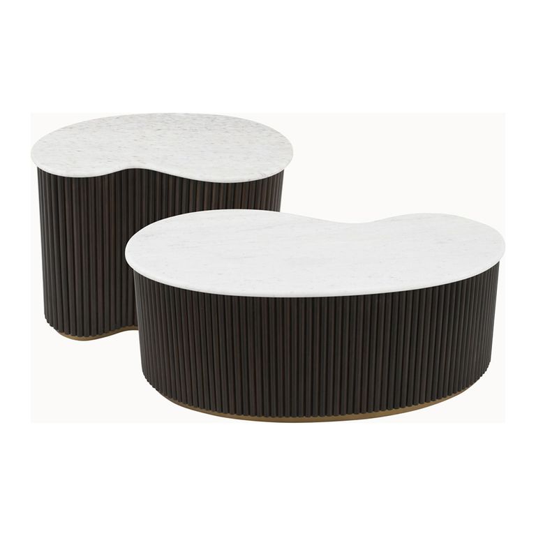 Mayfield White Marble Top 2 Tier Coffee Tables - Dark Wood Fluted Base
