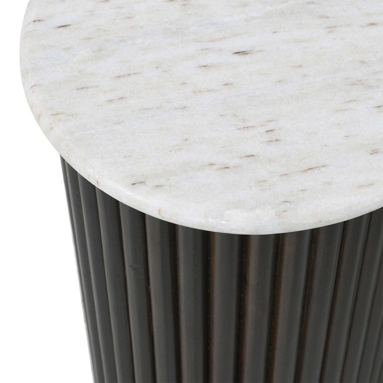 Mayfield White Marble Top 2 Tier Coffee Tables - Dark Wood Fluted Base