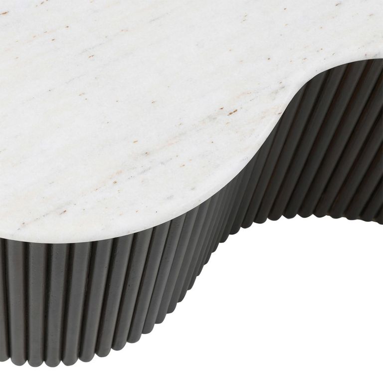 Mayfield White Marble Top 2 Tier Coffee Tables - Dark Wood Fluted Base