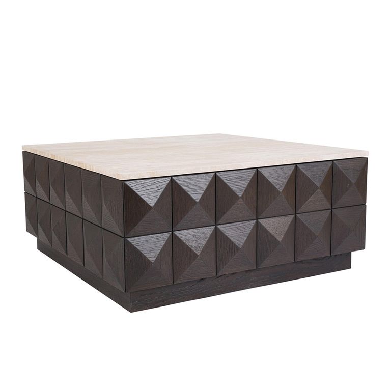Claremont Dark Wood Square Geometric Coffee Table with Travertine Top