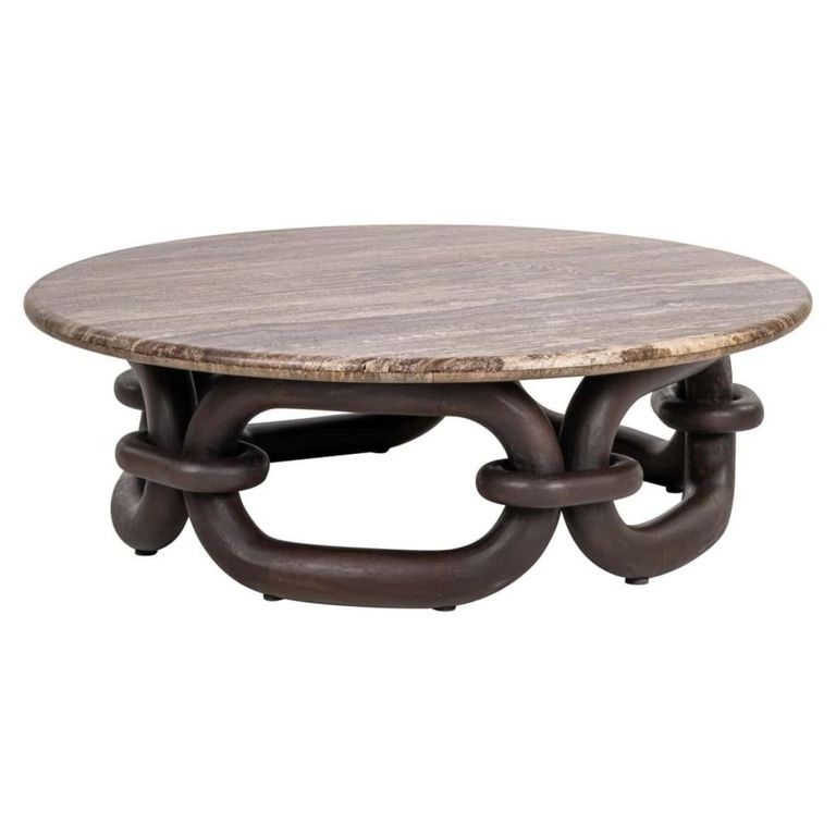 Chainey Coffee Table - Round - Ash Brown - Travertine and Mango Wood