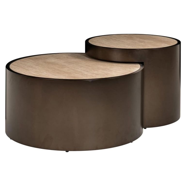 Ronson Coffee Table - Set of 2 - Round - Beige - Travertine and Metal