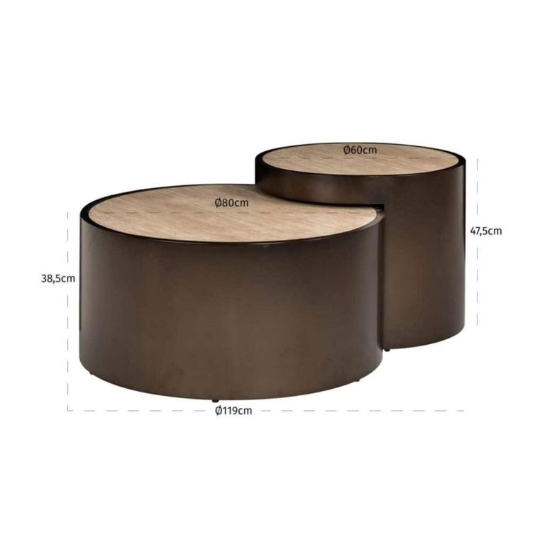 Ronson Coffee Table - Set of 2 - Round - Beige - Travertine and Metal