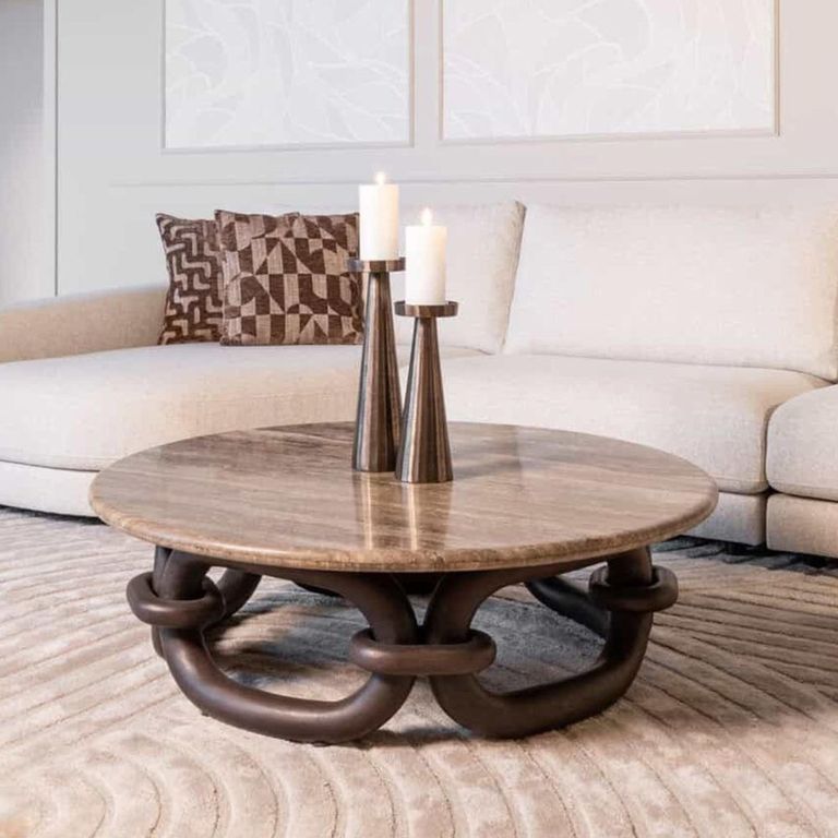 Chainey Coffee Table - Round - Ash Brown - Travertine and Mango Wood
