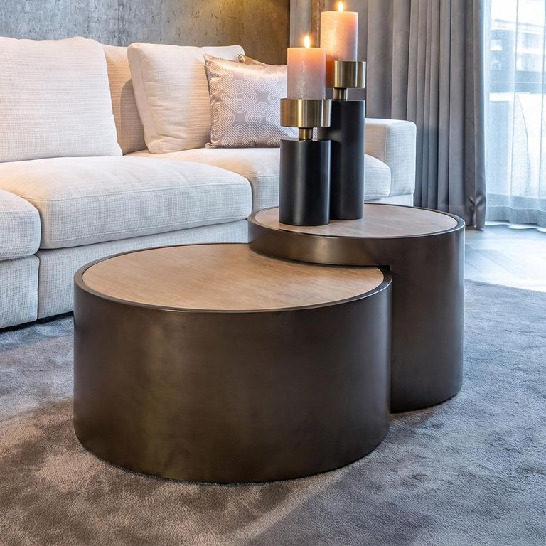 Ronson Coffee Table - Set of 2 - Round - Beige - Travertine and Metal