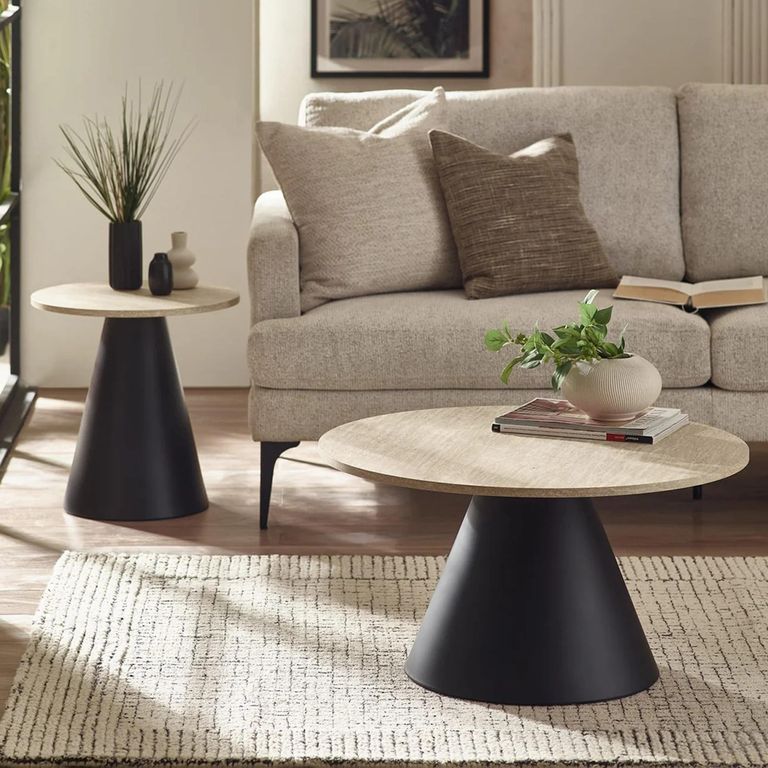 Elgon Coffee and Lamp Table Set - Round - Brown and Black - Travertine Effect and Metal