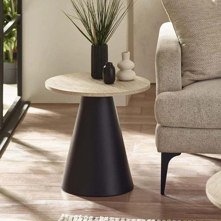 Elgon Coffee and Lamp Table Set - Round - Brown and Black - Travertine Effect and Metal