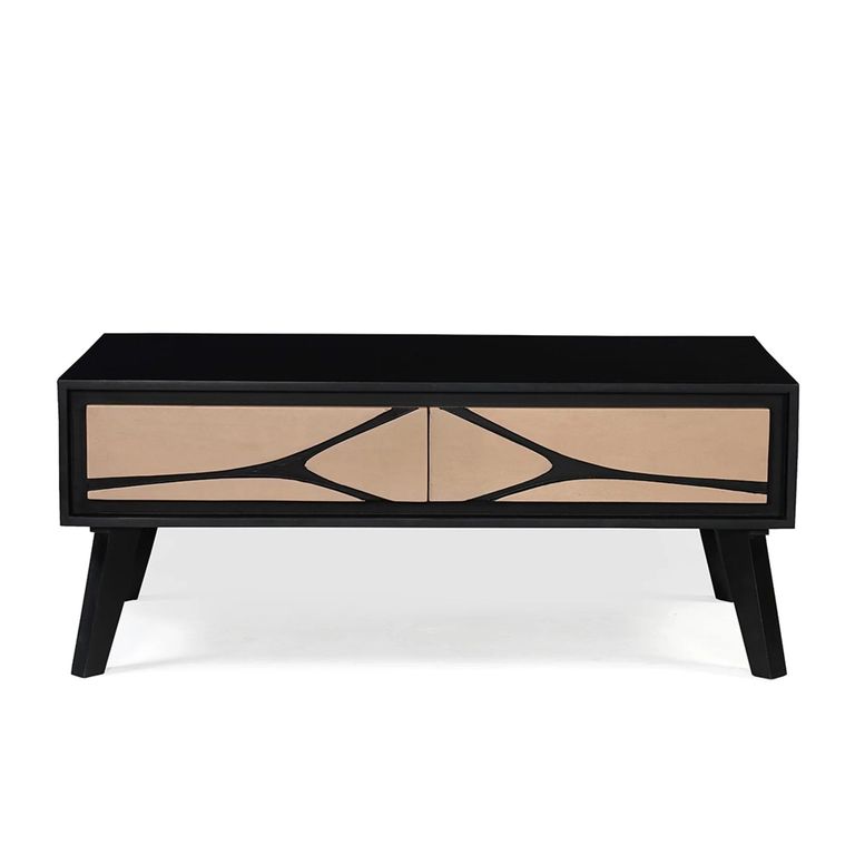 Boho Coffee Table - Low - 2 Drawer - Geometric Design - Natural and Black - Mango Wood
