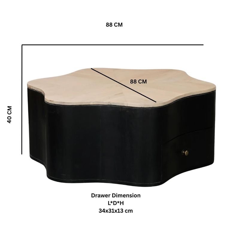 Boho Coffee Table - Low - 1 Drawer - Organic - Natural and Black - Mango Wood