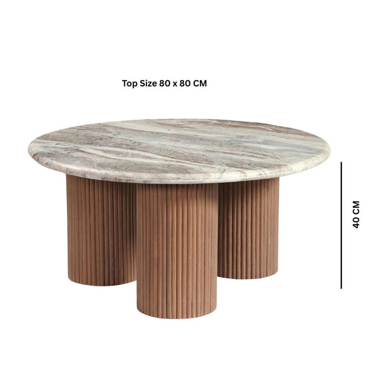 Ashford Coffee Table - Round - Fluted - Pale Taupe - Marble Top and Mango Wood