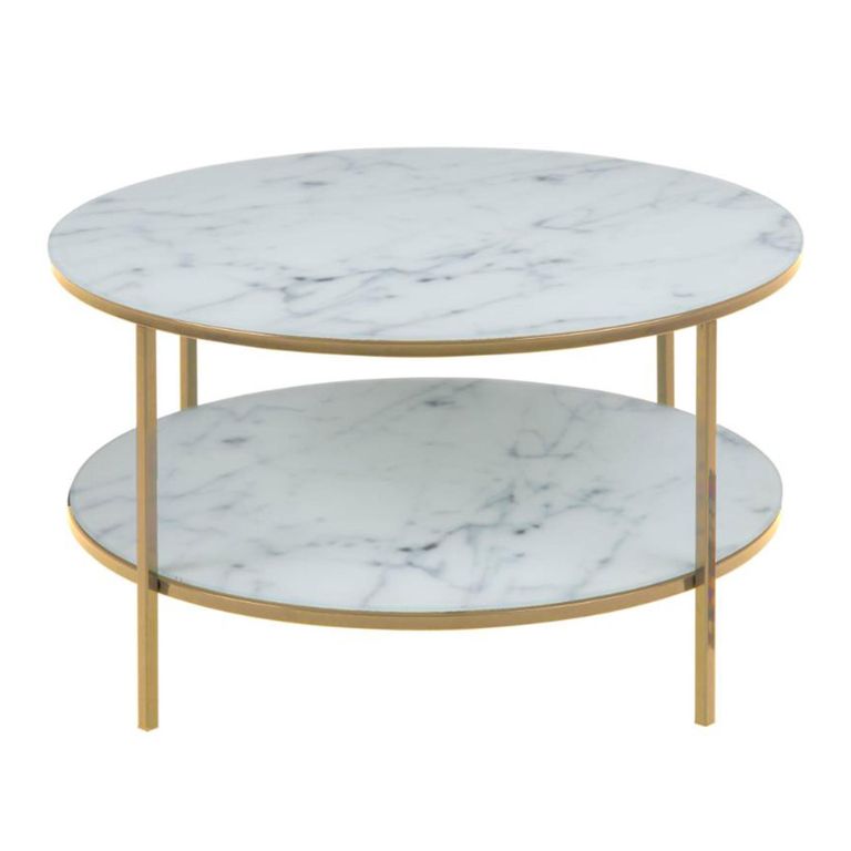 Alisma Coffee Table - Round - White Marble and Gold Metal - with Shelf