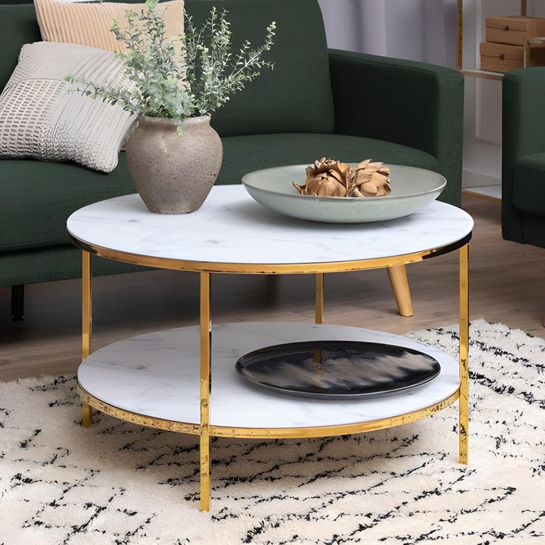 Alisma Coffee Table - Round - White Marble and Gold Metal - with Shelf
