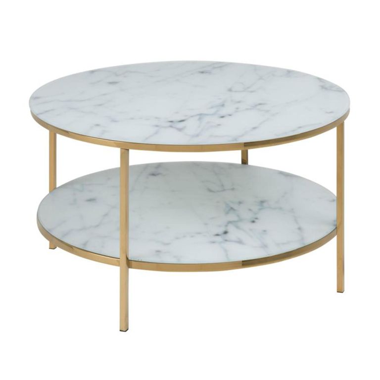 Alisma Coffee Table - Round - White Marble and Gold Metal - with Shelf