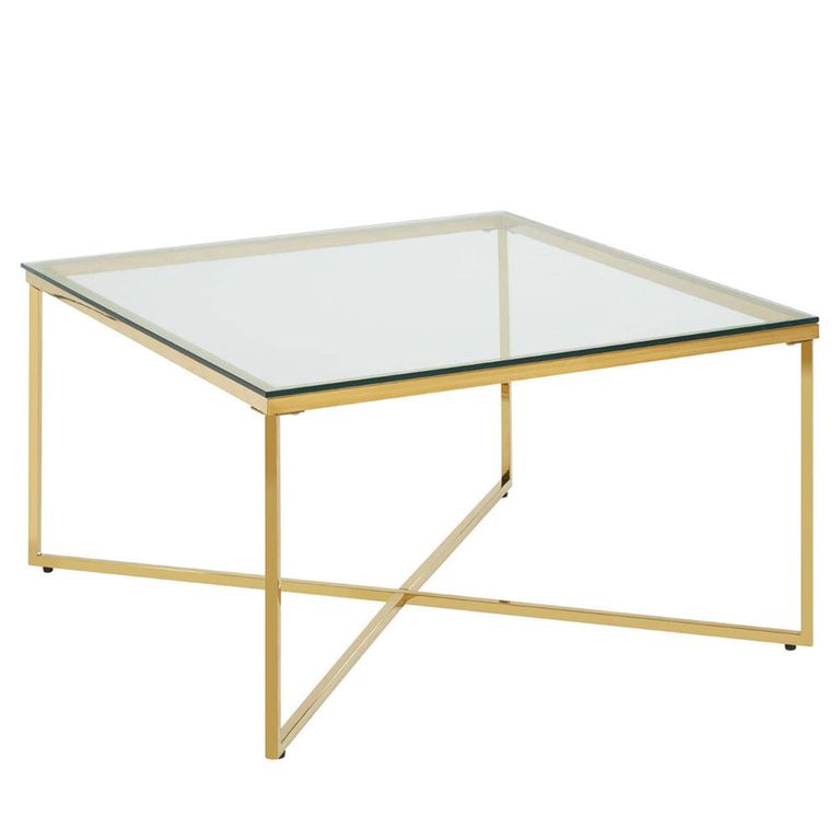Allure Coffee Table - Square - Clear Glass - Gold Cross Base