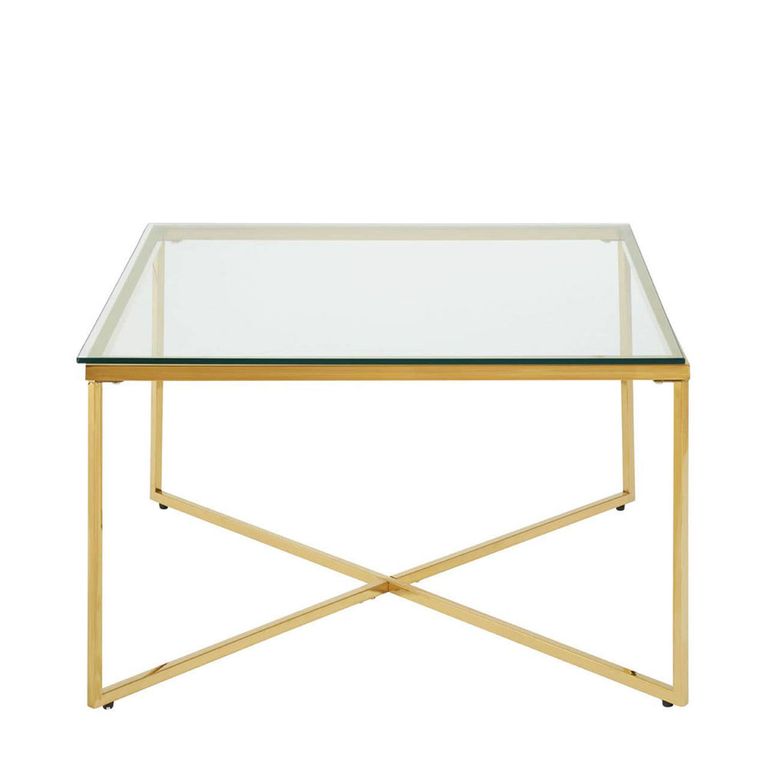 Allure Coffee Table - Square - Clear Glass - Gold Cross Base