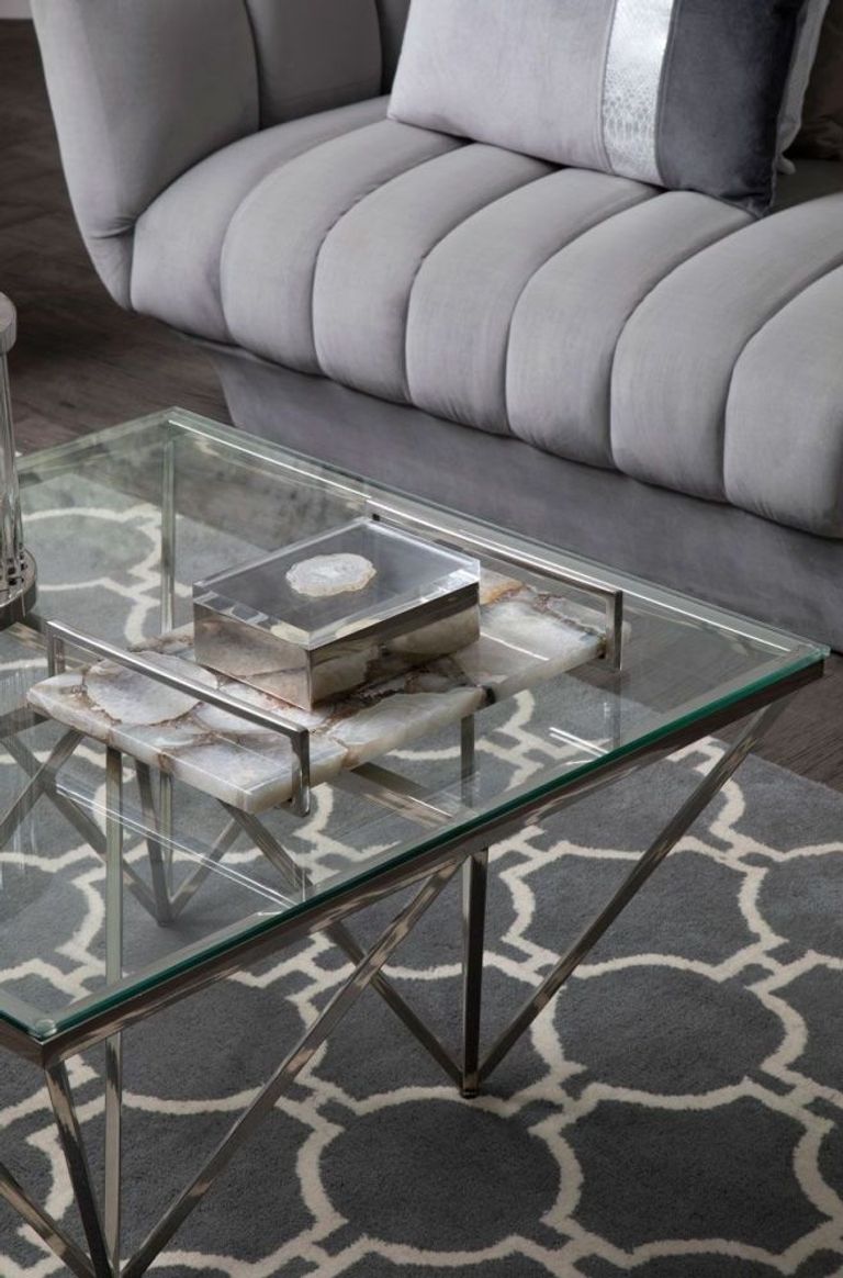Allure Coffee Table - Glass - Silver Spike Base