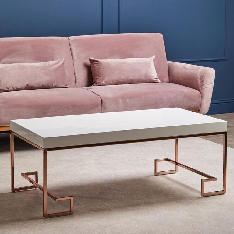 Allure Coffee Table - White Gloss - Rose Gold Angled Legs
