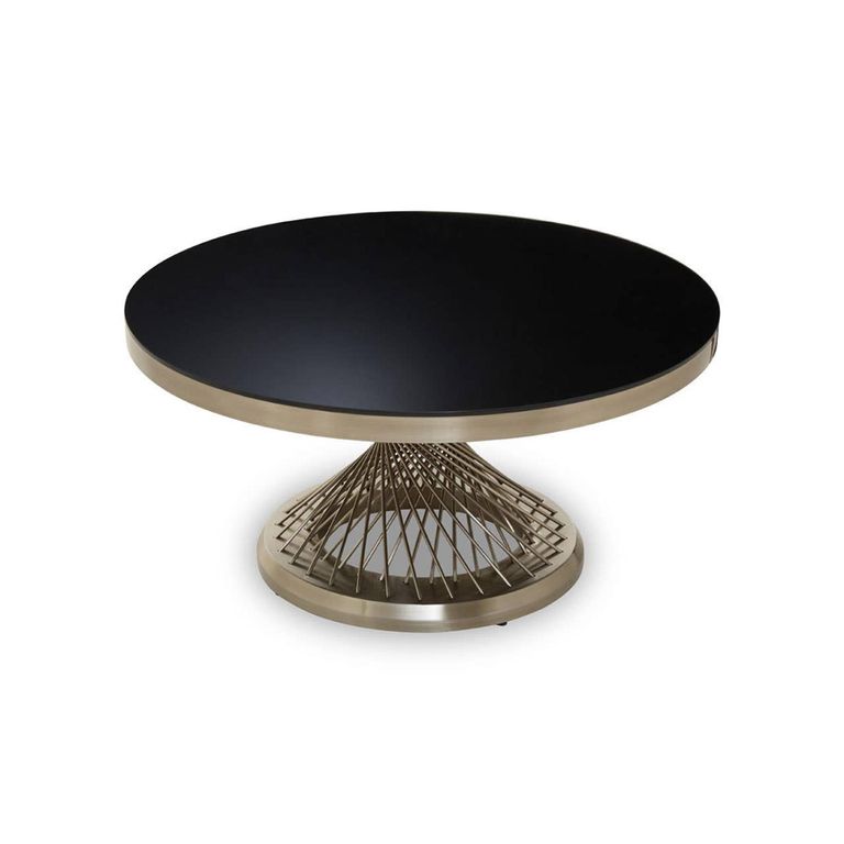Anzio Coffee Table - Black Glass Round with Geometric Base