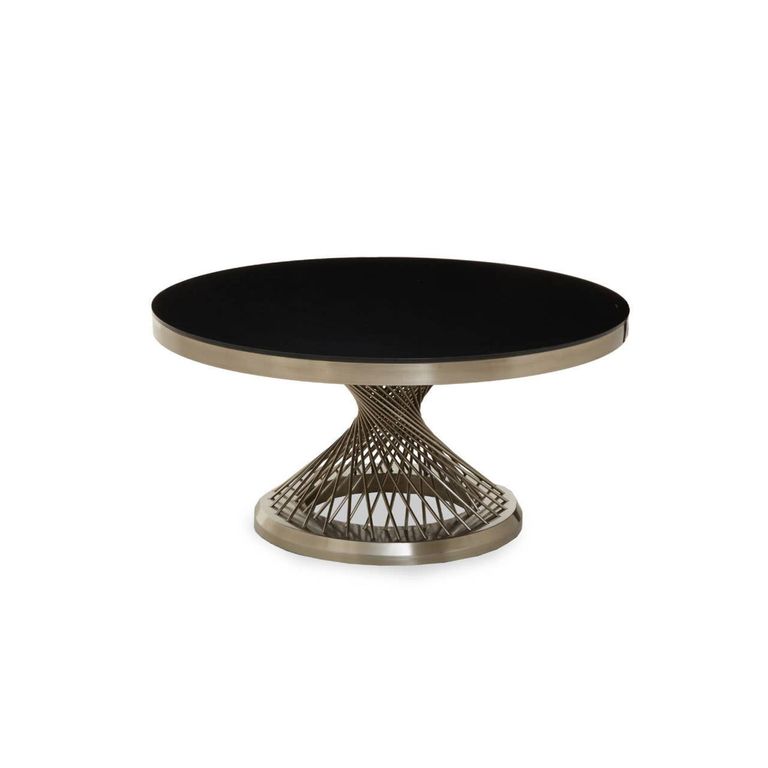Anzio Coffee Table - Black Glass Round with Geometric Base