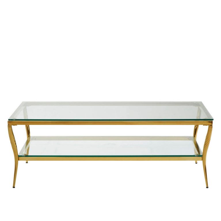 Arezzo Coffee Table - Clear Glass with Gold Metal Base - with Shelf