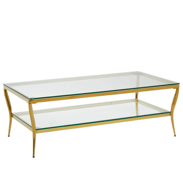 Arezzo Coffee Table - Clear Glass with Gold Metal Base - with Shelf
