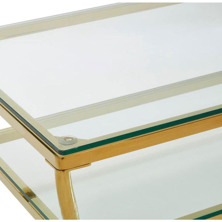 Arezzo Coffee Table - Clear Glass with Gold Metal Base - with Shelf