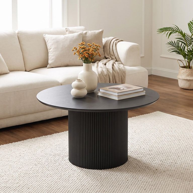 Bern Coffee Table - Black - Round - Fluted - Drum Base