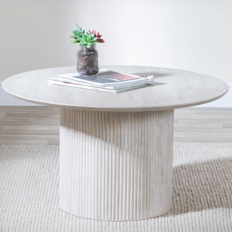 Bern Round Coffee Table - White Washed Oak - Fluted - Drum Base