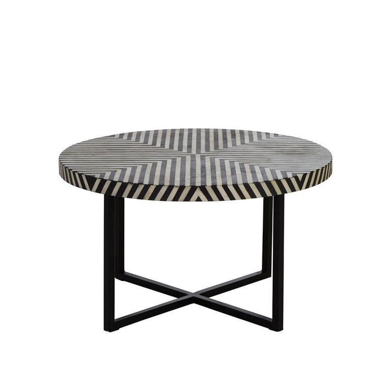 Boho Coffee Table - Black Bone Inlay - Round with Cross Base