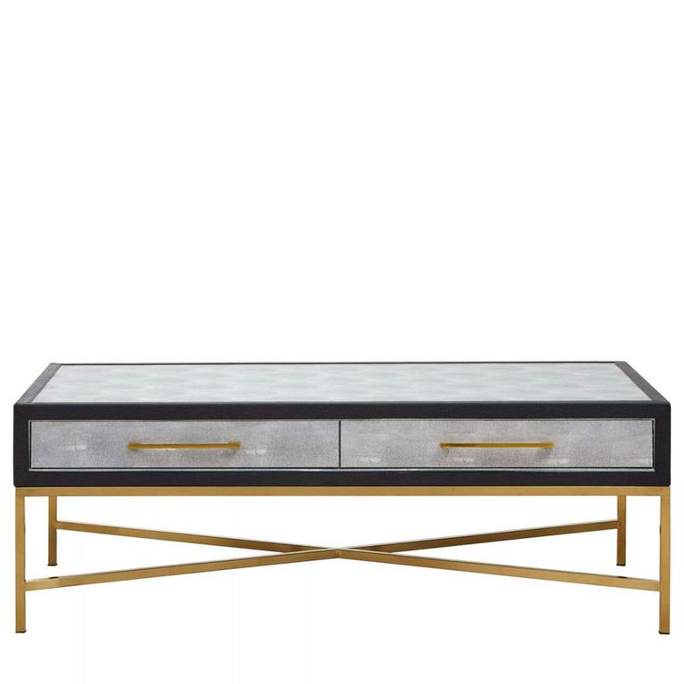 Cadio Coffee Table - 2 Drawer - Grey Faux Shagreen with Gold Legs
